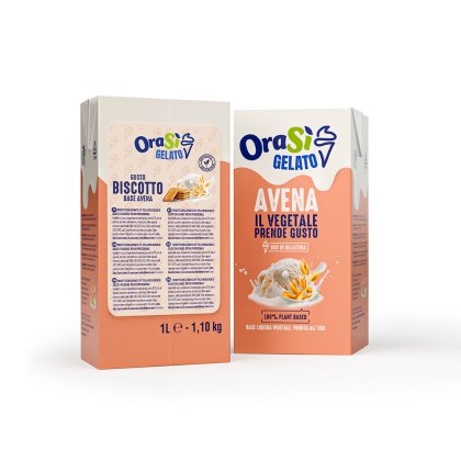 Dwa kartony OraSì Gelato, smaki Biscotto i Avena na bazie owsa, po 1L, z grafiką gałki lodów na opakowaniu.