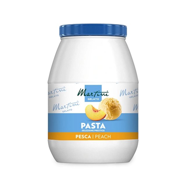 Biały plastikowy słoik z niebieską pokrywką, etykieta "Martini Gelato Pasta Selezione Prestige Pesca", z plastrem brz...