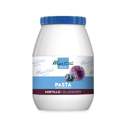 Biały plastikowy słoik z niebieską pokrywką, etykieta Martini Gelato Pasta Mirtillo, z kulką lodów borówkowych