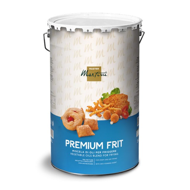 Metalowe wiaderko Master Martini Premium Frit, mieszanka olejów roślinnych do smażenia, z obrazkami smażonych potraw.