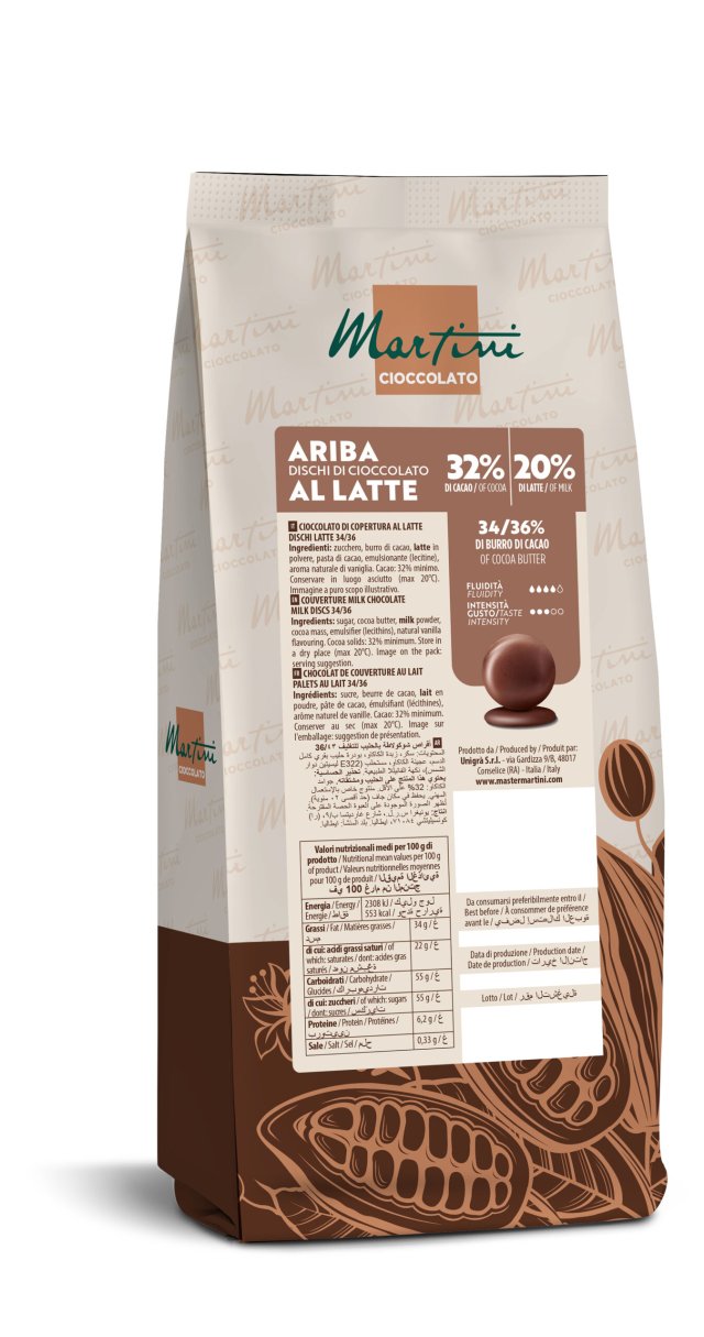 Stojący worek z dyskami czekolady mlecznej Martini Ariba, 32% kakao, z wzorem brązowych ziaren kakaowca
