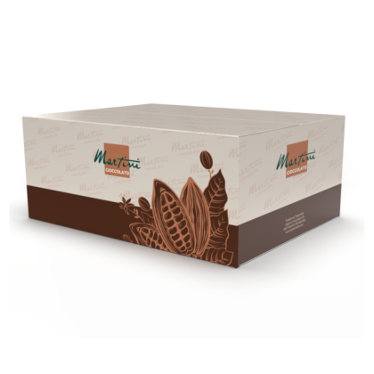 Kremowo-brązowe pudełko Martini Cioccolato z ilustracjami strąków i ziaren kakaowca na panelach.