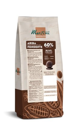 Brązowe opakowanie dysków czekolady Martini Ariba Fondente 60% z ilustracjami kakaowca i etykietą odżywczą.