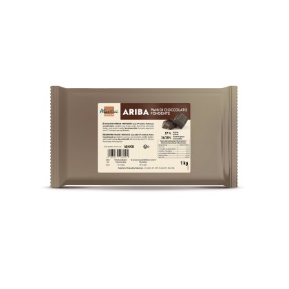 Brązowe opakowanie 1kg Ariba Pani di Cioccolato Fondente, kakao 57%, tłuszcz 36/38%.
