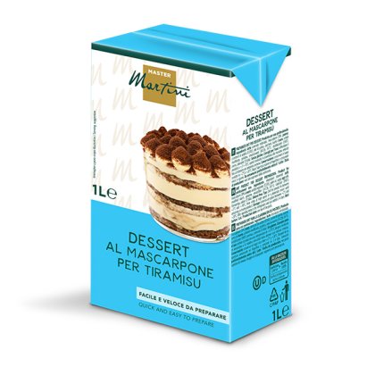 Karton 1L miksu deserowego mascarpone Master Martini do tiramisu, na niebieskim opakowaniu zdjęcie tiramisu.