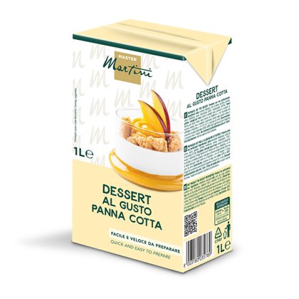 Kartonik 1L Master Martini o smaku panna cotta, krem podany w szklance z plastrami brzoskwini.