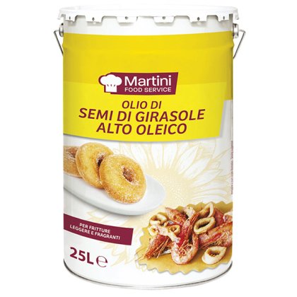 Metalowa puszka 25L oleju słonecznikowego wysokooleinowego Martini Food Service, do smażenia, z pączkami i owocami morza