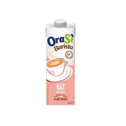 Karton 1L napoju owsianego OraSì Barista, roślinny, produkcja włoska, z filiżanką kawy na różowym opakowaniu.