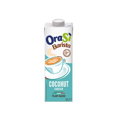 Karton 1 l napoju roślinnego OraSì Barista Coconut, opakowanie w kolorze morskim z filiżanką, produkt włoski.