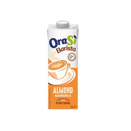 Kartonik 1L OraSì Barista Almond, napój roślinny, pomarańczowe opakowanie z grafiką filiżanki, produkt włoski.