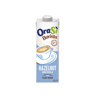 Kartonik 1 l napoju roślinnego OraSì Barista Hazelnut, jasnoniebieska etykieta z ilustracją cappuccino.