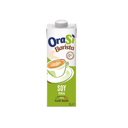 Kartonik 1 litr napoju sojowego OraSì Barista, zielona etykieta z grafiką filiżanki, produkt włoski