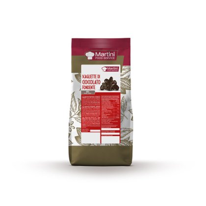Torebka Martini Food Service "Scagliette di Cioccolato Fondente" z ilustracjami strąków kakaowca.