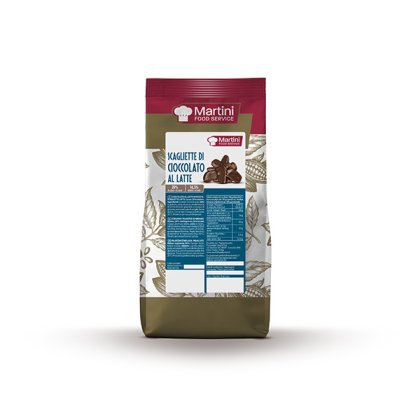 Torebka płatków czekolady mlecznej Martini Food Service z motywem listka kakaowego.