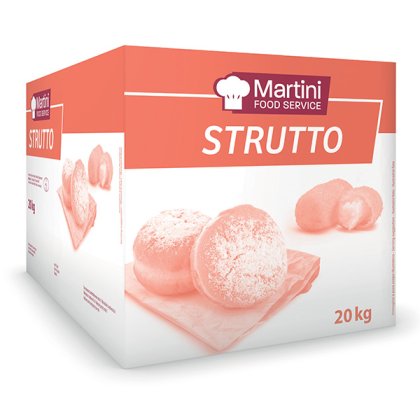 Pudełko 20kg Martini Food Service Strutto z ciastkami posypanymi cukrem pudrem na desce.
