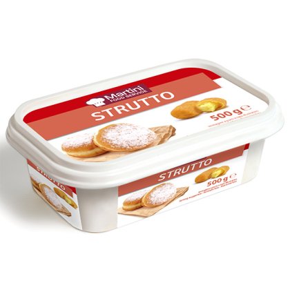 Biały plastikowy pojemnik Martini Food Service ze smalcem, 500g, czerwona etykieta z oponkami w cukrze pudrze.
