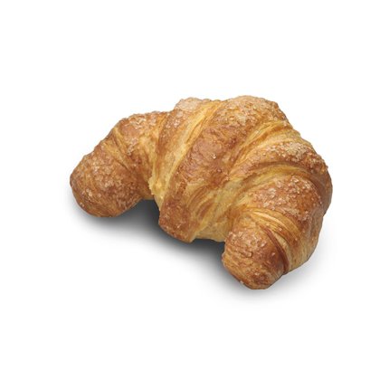 Złocisty croissant o kruchej, cukrowej skórce, w kształcie półksiężyca, na białym tle.