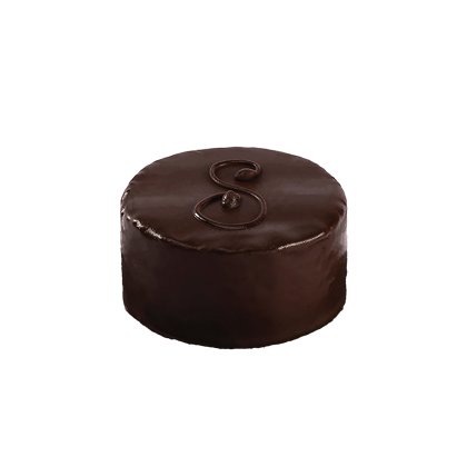 Okrągły tort czekoladowy z błyszczącą polewą ganache i dekoracyjną literą z czekolady na białym tle