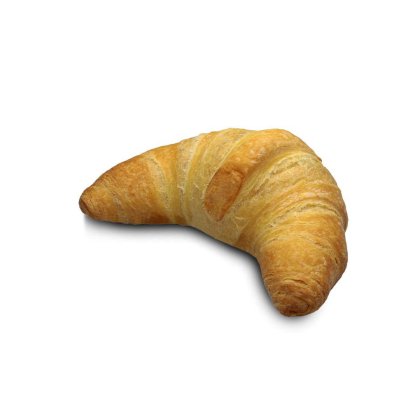 Złocisty croissant w kształcie rogalika, listkowaty, na białym tle.