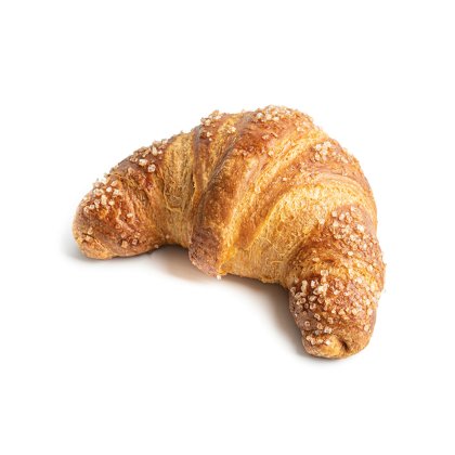Złocisty, kruchy rogalik w kształcie łuku, posypany grubym cukrem, na białym tle.