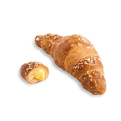 Złocisty croissant z białą posypką, obok mniejszy kawałek przekrojony, ukazujący kremowy żółty nadzienie.