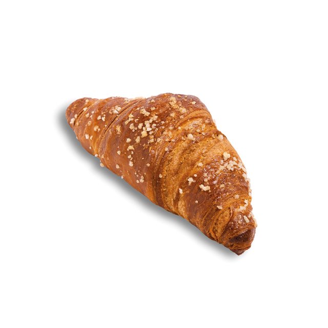 Złocisty croissant z grubym cukrem na wierzchu, na białym tle