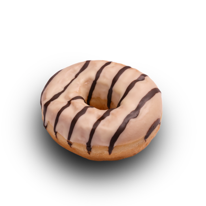 Oszklony donut z tienkimi paskami czekolady na białym tle.