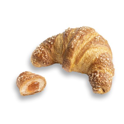 Złoty croissant obtoczony w grubym cukrze, z mniejszym kawałkiem przekrojonym, ukazującym nadzienie morelowe.