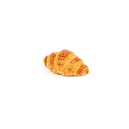 Złotobrązowy croissant z warstwowym, zakrzywionym ciastem na białym tle.