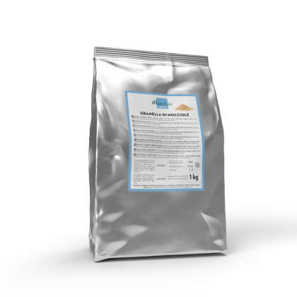 Srebrna torebka foliowa 1kg Martini Granella di Nocciole (siekane orzechy laskowe), niebieska etykieta, białe tło.