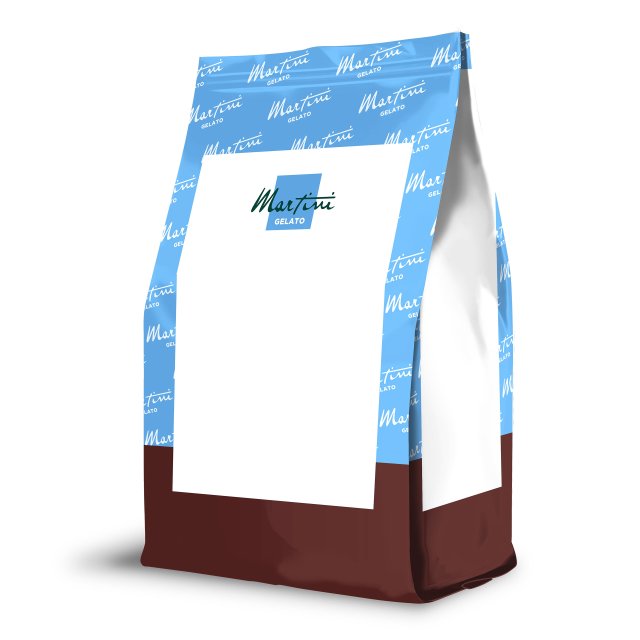 Mockup stojącej torebki w kolorze niebiesko-brązowym z pustą białą etykietą i logo "Martini Gelato"