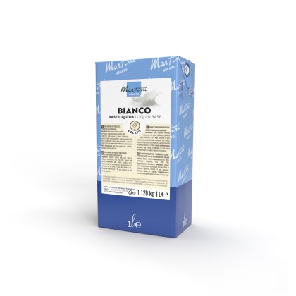 Niebiesko-biały karton 1 l bazy płynnej Martini Gelato Bianco do profesjonalnych lodów.