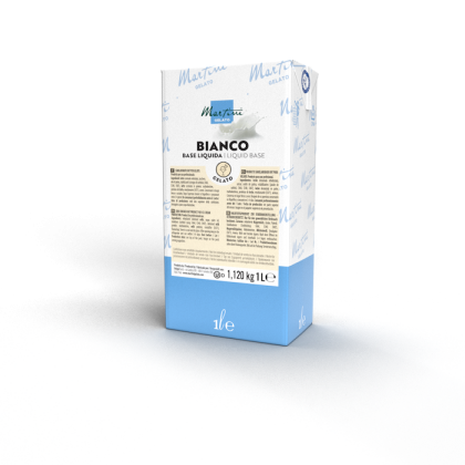 Kartonik 1-litrowy płynnej bazy Martini Gelato Bianco, biało-niebieskie opakowanie z etykietą produktu.