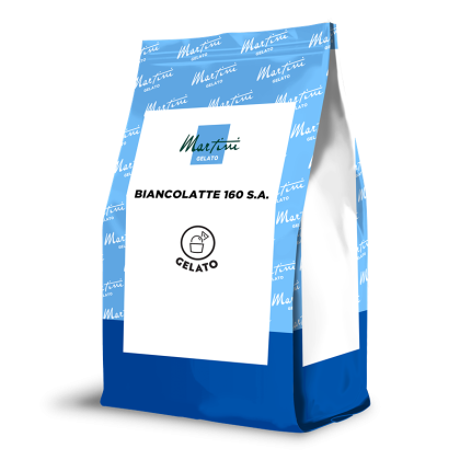 Niebiesko-biała stojąca torba Martini Gelato Biancolatte 160 S.A., baza do lodów, z ikoną gałki lodów.