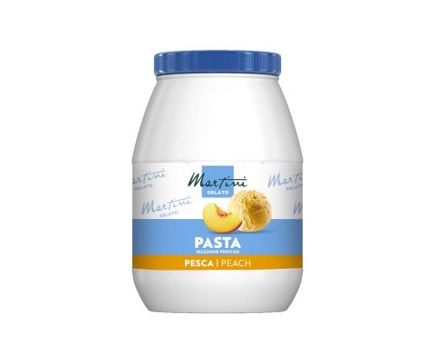 Biały plastikowy słoik z niebieską pokrywką, etykieta "Martini Gelato Pasta Selezione Prestige, Pesca/Peach", z brzos...