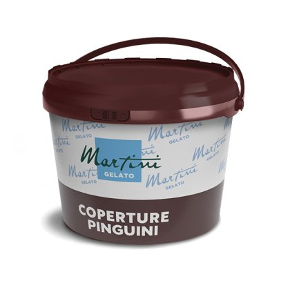 Ciemnobrązowe plastikowe wiaderko z uchwytem, oznaczone Martini Gelato Coperture Pinguini, produkt czekoladowy do pol...