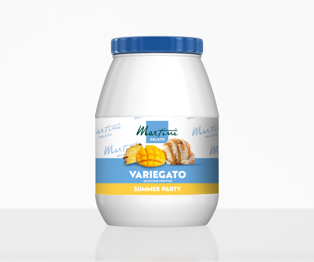 Biały pojemnik z niebieską pokrywką "Martini Gelato Variegato Summer Party" z mango, ananasem i kokosem.