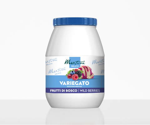 Biały plastikowy słoik z niebieską pokrywką, etykieta Martini Gelato Variegato Frutti di Bosco, owoce leśne i lody