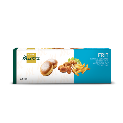 Opakowanie tłuszczu roślinnego do smażenia Master Martini FRIT, 2,5 kg, z pączkami w cukrze, nuggetsami i frytkami.