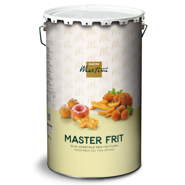 Metalowa puszka oleju do smażenia Master Martini "Master Frit" ze zdjęciami smażonych potraw na beżowej etykiecie, 25L.