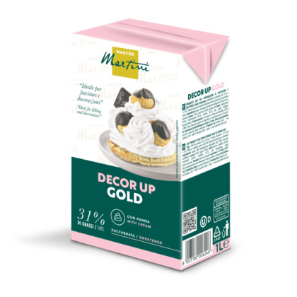 Karton 1L słodzonej śmietanki do ubijania Master Martini Decor Up Gold, 31% tłuszczu, z ptysiem.