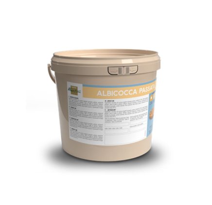 Beżowe plastikowe wiaderko z etykietą "Albicocca Passata" i informacjami o produkcie.