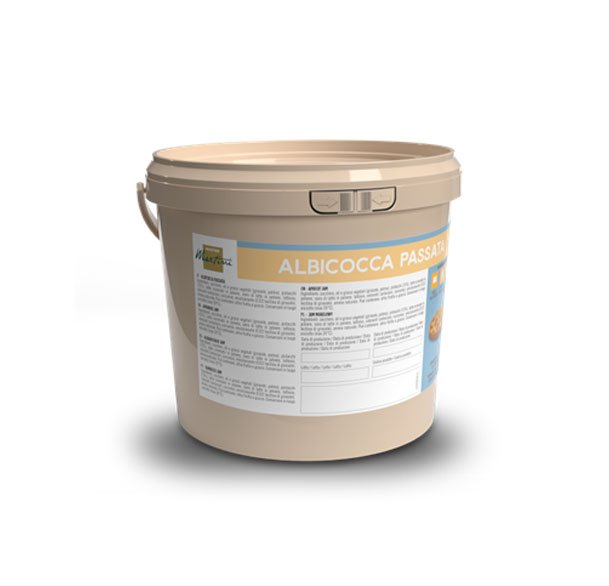Beżowe plastikowe wiaderko z etykietą "Albicocca Passata" i informacjami o produkcie.