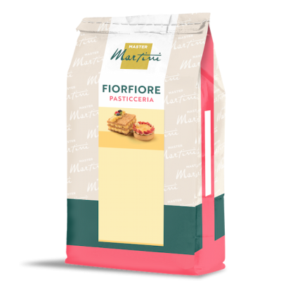 Torebka mieszanki piekarskiej Master Martini Fiorfiore Pasticceria ze zdjęciami ciasta francuskiego i tarty.