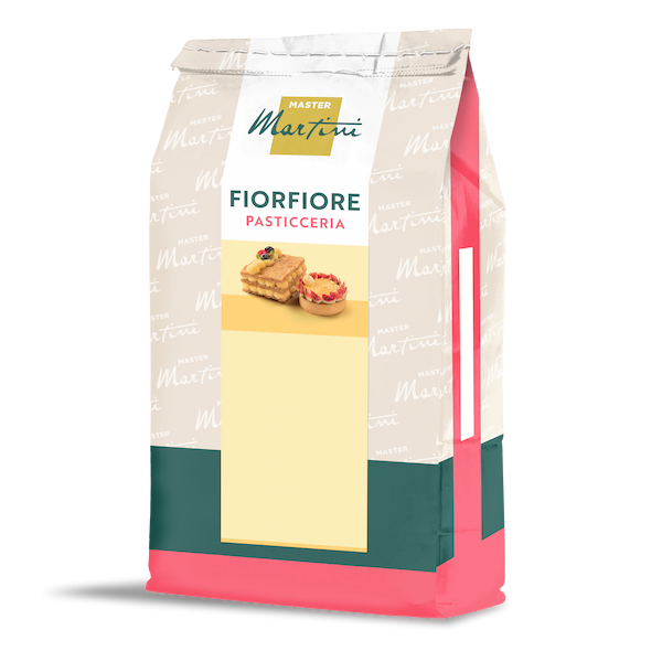 Torebka mieszanki piekarskiej Master Martini Fiorfiore Pasticceria ze zdjęciami ciasta francuskiego i tarty.