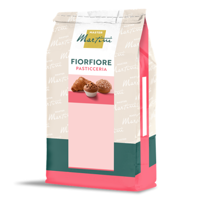 Torba miksu Master Martini Fiorfiore Pasticceria, różowo-turkusowe opakowanie z croissantem i muffinką.