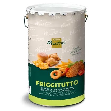 Metalowe wiadro oleju palmowego bifrakcjonowanego Master Martini Friggitutto, zielona etykieta ze zdjęciami smażonych...