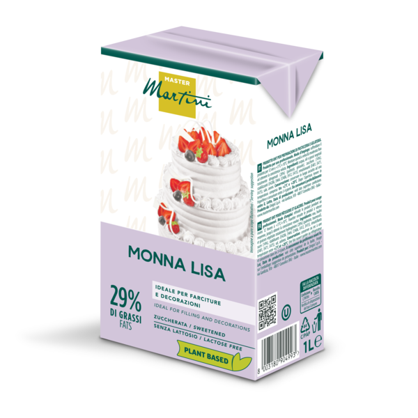 Kartonik 1L Master Martini Monna Lisa, roślinna śmietanka do bicia 29% tłuszczu, bez laktozy, z tortem piętrowym.