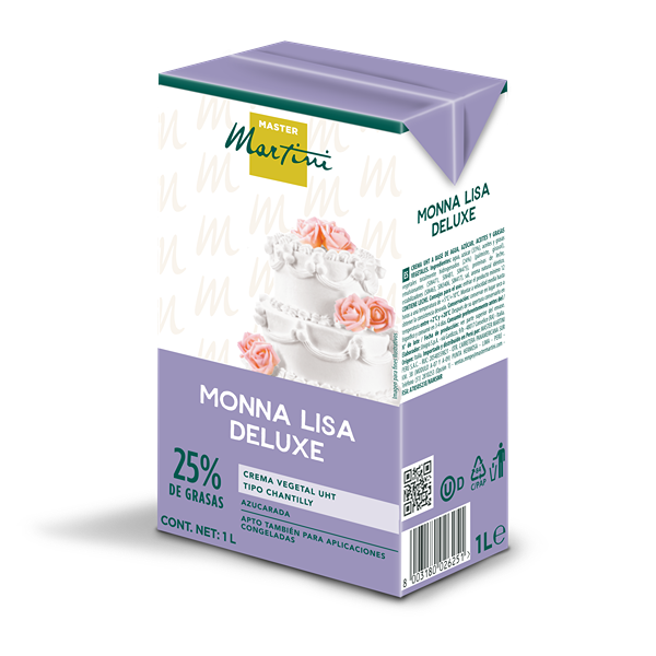 Fioletowy karton 1L śmietanki do bicia Master Martini Monna Lisa Deluxe, 25% tłuszczu, z tortem piętrowym