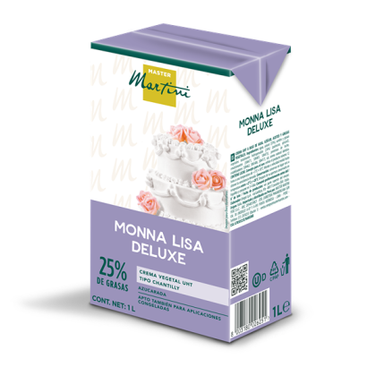 Fioletowy karton 1L śmietanki do bicia Master Martini Monna Lisa Deluxe, 25% tłuszczu, z tortem piętrowym